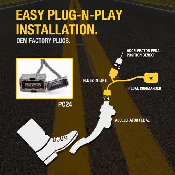 Merchant Pedal Commander PC24 has an easy plug-n-play installation between your accelerator pedal sensor and accelerator pedal