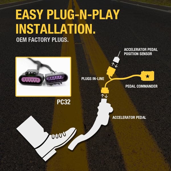 Merchant Pedal Commander PC32 has an easy plug-n-play installation between your accelerator pedal sensor and accelerator pedal