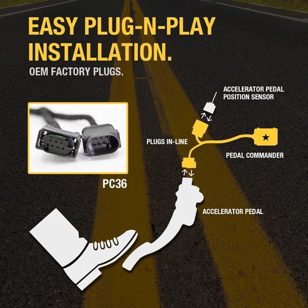 Merchant Pedal Commander PC36 has an easy plug-n-play installation between your accelerator pedal sensor and accelerator pedal